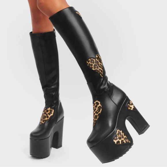 BNIB Lamoda Leopard Print Glass Heart Chunky Platform Knee High Boots - Picture 2 of 6